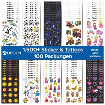 Z-Design Sticker & Tattoos, verschiedene Designs, 100 Kleinpackungen Sticker und Tattoos im Karton, mind. 1500 Einzelmotive, Inhalt kann variieren (Avery Zweckform 53300)