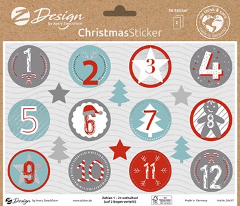 Z-Design 54617, Weihnachtssticker, Papier, Adventszahlen, mehrfarbig, 2 Bogen
