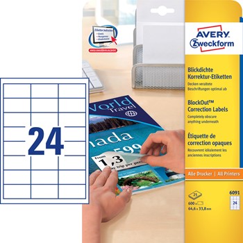 Avery Zweckform 6091, Blickdichte Etiketten 64,6x33,8 mm, 25 Bögen (= 600 Etiketten), blickdicht, Multiprint