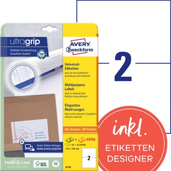 Avery Zweckform 6176, Universal-Etiketten, 210 x 148 mm, Geeignet für DHL Online Frankierung, 25+5 Blatt/50+10 Etiketten, weiß, Multiprint