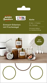 Avery Zweckform 62008, Living Einmach-Etiketten mit Frischesiegel, Div. Formate, für Verpackung: 8 Sets; Etikett Glas: 47,5 x 73 mm; Steg: 17 x 97 mm; Etikett Deckel: Ø 48 mm und  Ø 38 mm, 8 Set/30 Etiketten, weiß