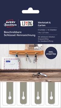 Avery Zweckform 62030, Living Beschreibbare Schlüssel-Kennzeichnung, Anhänger: 14 x 127 mm; Etikett: 10 x 59 mm, 4 Stück/16 Etiketten, grau, weiß