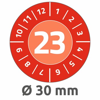 Avery Zweckform 6944-2023, Prüfplaketten "Jahreszahl 2023", Ø 30 mm, 10 Bogen/80 Etiketten, rot, Vinyl-Folie