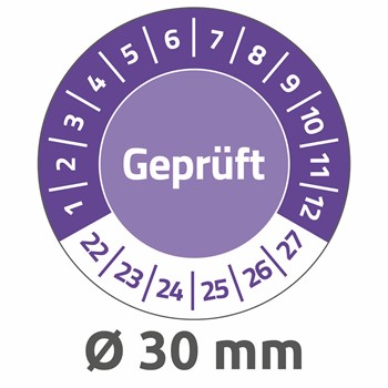 Avery Zweckform 6952-2022, Prüfplaketten "Geprüft", Ø 30 mm, 10 Bogen/80 Etiketten, violett, Vinyl-Folie