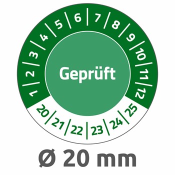 Avery Zweckform 6953-2020, Prüfplaketten "Geprüft", 2020-2025, Ø 20 mm, 8 Bogen/120 Etiketten, grün, abziehsichere Folie