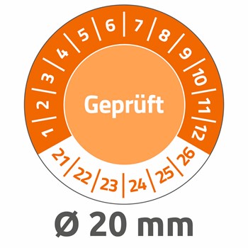 Avery Zweckform 6953-2021, Prüfplaketten "Geprüft", 2021-2026, Ø 20 mm, 8 Bogen/120 Etiketten, orange, Abziehsichere Folie