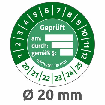 Avery Zweckform 6959-2020, Prüfplaketten "Geprüft am / durch / gemäß § / nächster Termin", 2020-2025, Ø 20 mm, 8 Bogen/120 Etiketten, grün, Vinyl-Folie