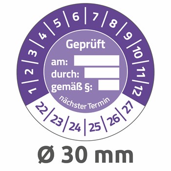 Avery Zweckform 6960-2022, Prüfplaketten "Geprüft am / durch / gemäß § / nächster Termin" Ø 30 mm, 10 Bogen/80 Etiketten, violett, Vinyl-Folie