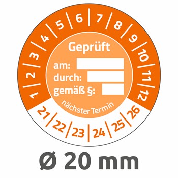 Avery Zweckform 6961-2021, Prüfplaketten "Geprüft am / durch / gemäß § / nächster Termin", 2021-2026, Ø 20 mm, 8 Bogen/120 Etiketten, orange, Abziehsichere Folie