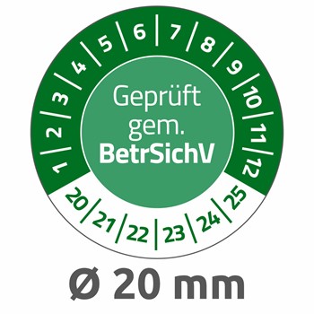 Avery Zweckform 6969-2020, Prüfplaketten "Geprüft gem. BetrSichV", 2020-2025, Ø 20 mm, 8 Bogen/120 Etiketten, grün, abziehsichere Folie