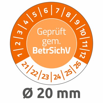 Avery Zweckform 6969-2021, Prüfplaketten "Geprüft gem. BetrSichV", 2021-2026, Ø 20 mm, 8 Bogen/120 Etiketten, orange, Abziehsichere Folie