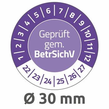 Avery Zweckform 6970-2022, Prüfplaketten "Geprüft gem. BetrSichV" (2022-2027), Ø 30 mm, 10 Bogen/80 Etiketten, violett, Abziehsichere Folie