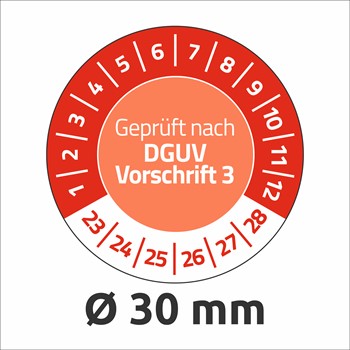 Avery Zweckform 6976-2023, Prüfplaketten "Geprüft nach DGUV Vorschrift 3" (2023-2028), Ø 30 mm, 10 Bogen/80 Etiketten, rot, Vinyl-Folie