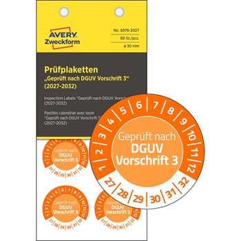 Avery Zweckform 6976-2027, Prüfplaketten "Geprüft nach DGUV Vorschrift 3" (2027-2032), Ø 30 mm, 10 Bogen/80 Etiketten, orange, Vinyl-Folie