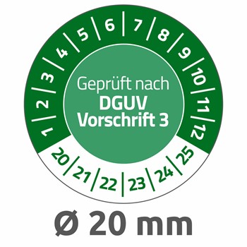 Avery Zweckform 6977-2020, Prüfplaketten "Geprüft nach DGUV Vorschrift 3", 2020-2025, Ø 20 mm, 8 Bogen/120 Etiketten, grün, abziehsichere Folie