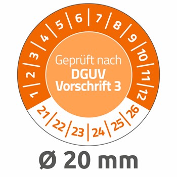 Avery Zweckform 6977-2021, Prüfplaketten "Geprüft nach DGUV Vorschrift 3", 2021-2026, Ø 20 mm, 8 Bogen/120 Etiketten, orange, Abziehsichere Folie