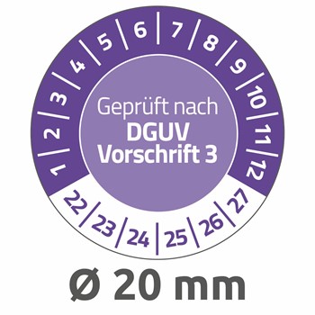 Avery Zweckform 6977-2022, Prüfplaketten "Geprüft nach DGUV Vorschrift 3" (2022-2027), Ø 20 mm, 8 Bogen/120 Etiketten, violett, Abziehsichere Folie