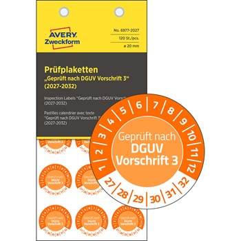 Avery Zweckform 6977-2027, Prüfplaketten "Geprüft nach DGUV Vorschrift 3" (2027-2032), Ø 20 mm, 8 Bogen/120 Etiketten, orange, Abziehsichere Folie