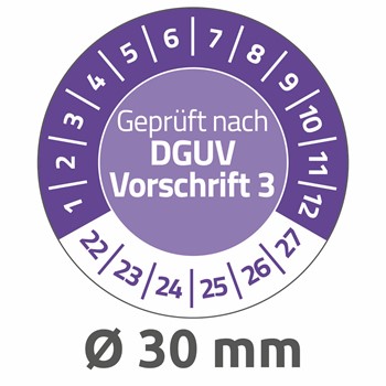 Avery Zweckform 6978-2022, Prüfplaketten "Geprüft nach DGUV Vorschrift 3" (2022-2027), Ø 30 mm, 10 Bogen/80 Etiketten, violett, Abziehsichere Folie