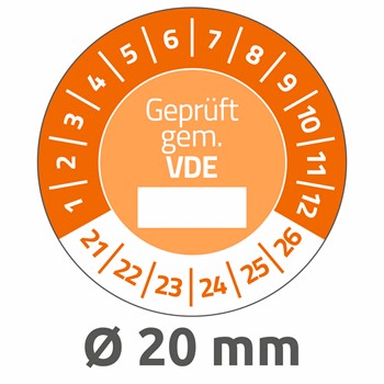 Avery Zweckform 6983-2021, Prüfplaketten "Geprüft gemäß VDE", 2021-2026, Ø 20 mm, 8 Bogen/120 Etiketten, orange, Vinyl-Folie