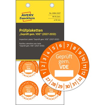 Avery Zweckform 6984-2027, Prüfplaketten "Geprüft gemäß VDE", 2027-2032, Ø 30 mm, 10 Bogen/80 Etiketten, orange, Vinyl-Folie