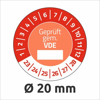 Avery Zweckform 6985-2023, Prüfplaketten "Geprüft gem. VDE" (2023-2028), Ø 20 mm, 8 Bogen/120 Etiketten, rot, Abziehsichere Folie