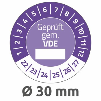Avery Zweckform 6986-2022, Prüfplaketten "Geprüft gem. VDE" (2022-2027), Ø 30 mm, 10 Bogen/80 Etiketten, violett, Abziehsichere Folie