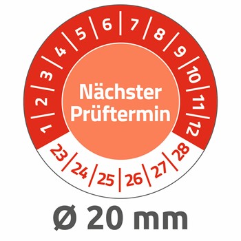 Avery Zweckform 6987-2023, Prüfplaketten "Nächster Prüftermin" (2023-2028), Ø 20 mm, 8 Bogen/120 Etiketten, rot, Vinyl-Folie