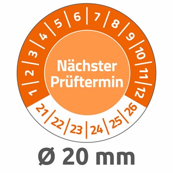 Avery Zweckform 6989-2021, Prüfplaketten "Nächster Prüftermin", 2021-2026, Ø 20 mm, 8 Bogen/120 Etiketten, orange, abziehsichere Folie