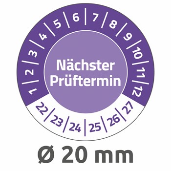 Avery Zweckform 6989-2022, Prüfplaketten "Nächster Prüftermin", 2022-2027, Ø 20 mm, 8 Bogen/120 Etiketten, violett, Abziehsichere Folie