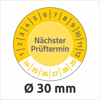 Avery Zweckform 6990-2024, Prüfplaketten "Nächster Prüftermin" (2024-2029), Ø 30 mm, 10 Bogen/80 Etiketten, gelb, Abziehsichere Folie