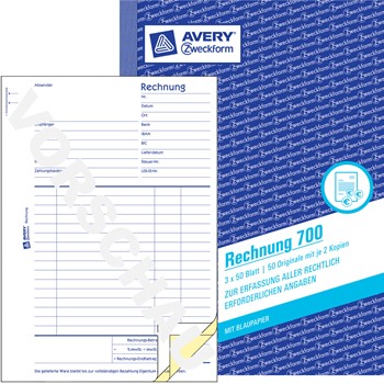 Avery Zweckform 700, Rechnungen 1. und 2. Blatt bedruckt, 3. Blatt blanko, zum Verbleib im Buch, A5, 3x50 Blatt