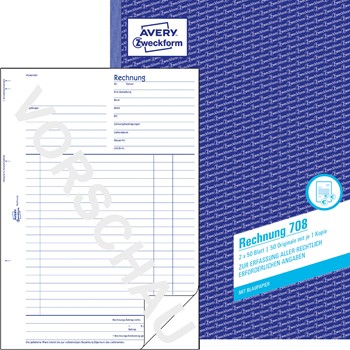Avery Zweckform 708, Rechnungen 2. Blatt ohne Perforation zum Verbleib im Buch, A4, 2x50 Blatt