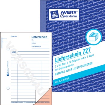 Avery Zweckform 727, Lieferschein mit Empfangsschein 1. und 2. Blatt bedruckt, Empfangsschein farbig , A6, 2x50 Blatt