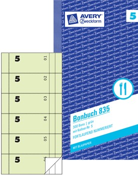 Avery Zweckform 835, Bonbuch, 300 Bons mit Kellner-Nr. 5 grün, 1. und 2. Blatt bedruckt, 105 x 198 mm, 2x 50 Blatt