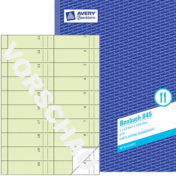 Avery Zweckform 845, Bonbuch, 1-1000 Bons, fortlaufend nummeriert, ohne Kellner-Nr. grün, weiß, 1. und 2. Blatt bedruckt, Abrisse mikroperforiert , A4, 2x 50 Blatt