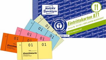 Avery Zweckform 871, Eintrittskartenblock, 105 x 53 mm, 5 Blöcke mit je 100 Eintrittskarten in einer Farbe, nummeriert von 1-500