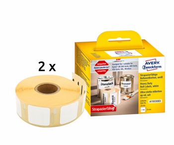 Avery Zweckform A1933083, Rollenetiketten, 25 x 25 mm, 2 Rolle/1.700 Etiketten, weiß