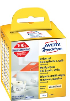 Avery Zweckform ASS0722440, Rollenetiketten, 70 x 54 mm, 1 Rolle/160 Etiketten, weiß