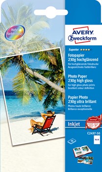 Avery Zweckform C2497-50, Superior Inkjet Photo Papier hochglänzend 10x15 230g 50 Blatt