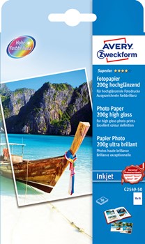 Avery Zweckform C2549-50, Superior Inkjet Photo Papier hochglänzend 10x15 200g 50 Blatt