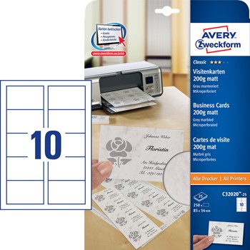 Avery Zweckform C32020-25, Classic Visitenkarten, 85 x 54 mm (A4), mikroperforiert, hellgrau marmoriert, matt, 200 g, 25 Blatt = 250 Karten