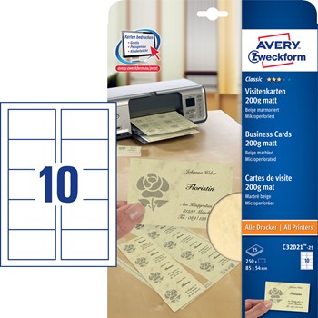 Avery Zweckform C32021-25, Classic Visitenkarten, 85 x 54 mm (A4), mikroperforiert, beige marmoriert, matt, 200 g, 25 Blatt = 250 Karten