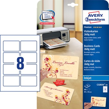 Avery Zweckform C32024-10, Premium Visitenkarten mit abgerundeten Ecken, Inkjet-spezialbeschichtet, 260g, 85x54 mm auf A4, matt, weiß, beidseitig bedruckbar, 10 Blatt (=80 Karten)