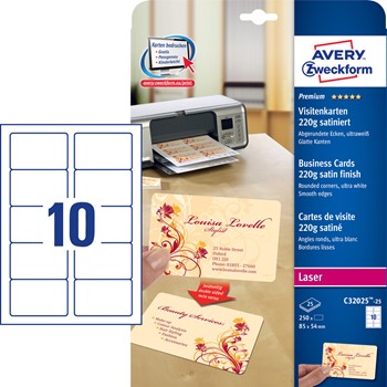 Avery Zweckform C32025-25, Premium Visitenkarten mit abgerundeten Ecken, Colour Laser Oberflächenstruktur, 220g, 85x54 mm auf A4, satiniert, ultraweiß, beidseitig bedruckbar, 25 Blatt (=250 Karten)
