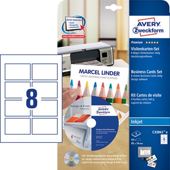 Avery Zweckform C32041-8, Premium Visitenkarten-Set für den PC inkl. 1 CD-Rom mit Gestaltungs-Software, 8 Bogen Visitenkarten (Quick&Clean) für Inkjet-Drucker, 260 g, matt, weiß