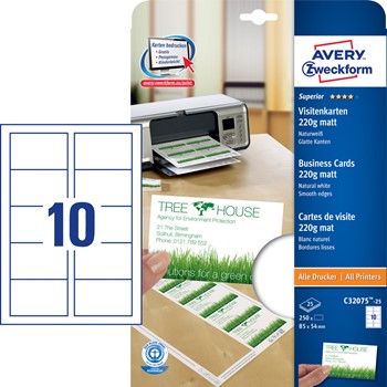 Avery Zweckform C32075-25, Superior Recycling Visitenkarten, 85 x 54 mm (A4), naturweiß, einseitig beschichtet, matt, aus 100% Recyclingfastern, 220 g, 25 Bögen = 250 Karten