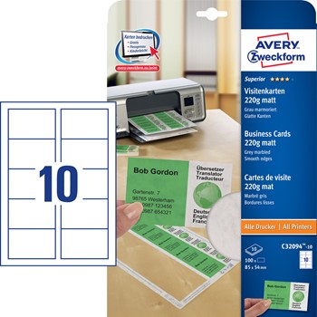 Avery Zweckform C32094-10, Superior Visitenkarten mit glatten Kanten (Quick&Clean), Spezialmaterial,  85 x 54 mm (A4), 220g, einseitig beschichtet, matt, marmoriert hellgrau, 10 Blatt = 100 Karten