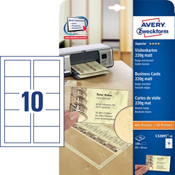 Avery Zweckform C32095-10, Superior Visitenkarten mit glatten Kanten (Quick&Clean), Spezialmaterial,  85 x 54 mm (A4), 220g, einseitig beschichtet, matt, marmoriert beige, 10 Blatt = 100 Karten