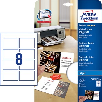 Avery Zweckform C32096-10, Premium Visitenkarten mit glatten Kanten (Quick&Clean), Spezialmaterial,  85 x 54 mm (A4), 260g, Inkjet-spezialbeschichtet, Leinenstruktur, 10 Blatt = 80 Karten